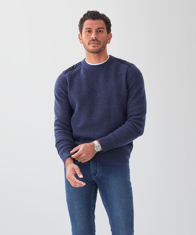 Wool Blend Fishermans Crew Knit - Denim-GAZMAN
