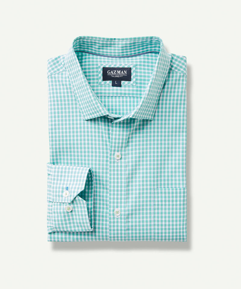 Tailored Easy Care Check Long Sleeve Shirt - Green-GAZMAN-2