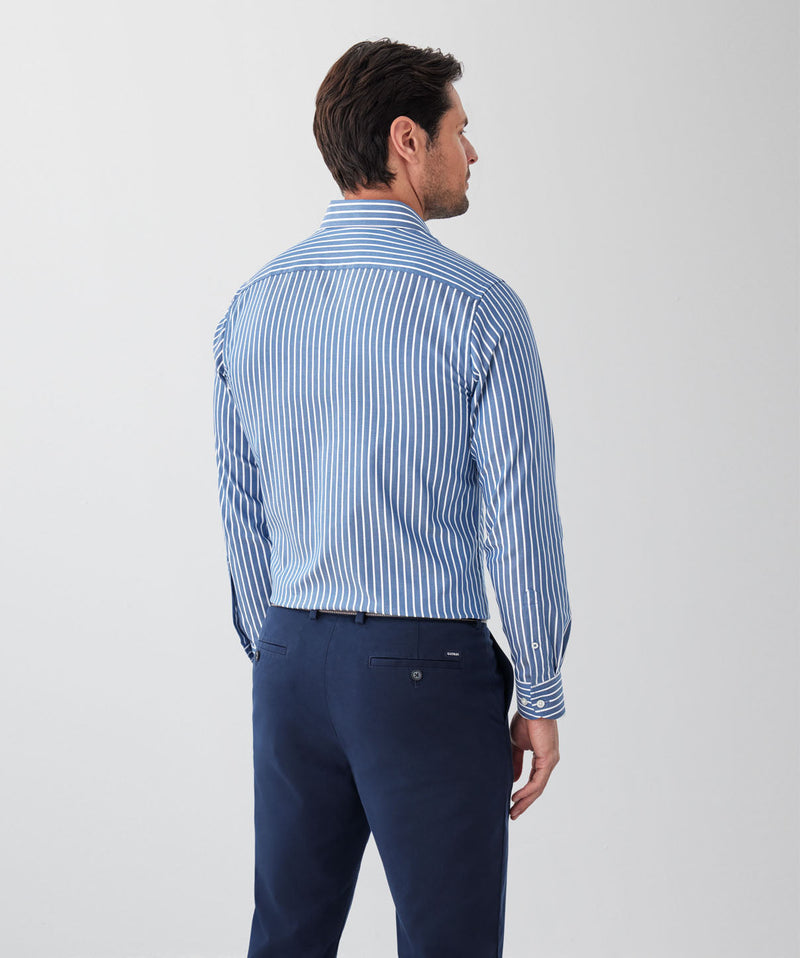 Tailored Fit Easy Care Stripe Long Sleeve Shirt - Denim-GAZMAN