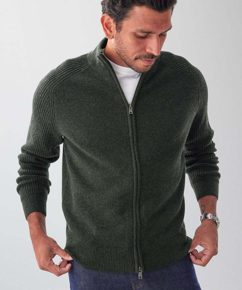 Wool Blend Raglan Zip Cardigan - Dark Khaki-GAZMAN
