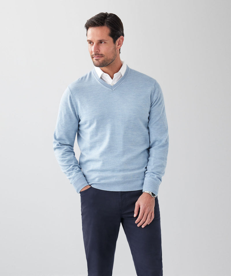 Merino V-Neck Knit - Sky Blue-GAZMAN