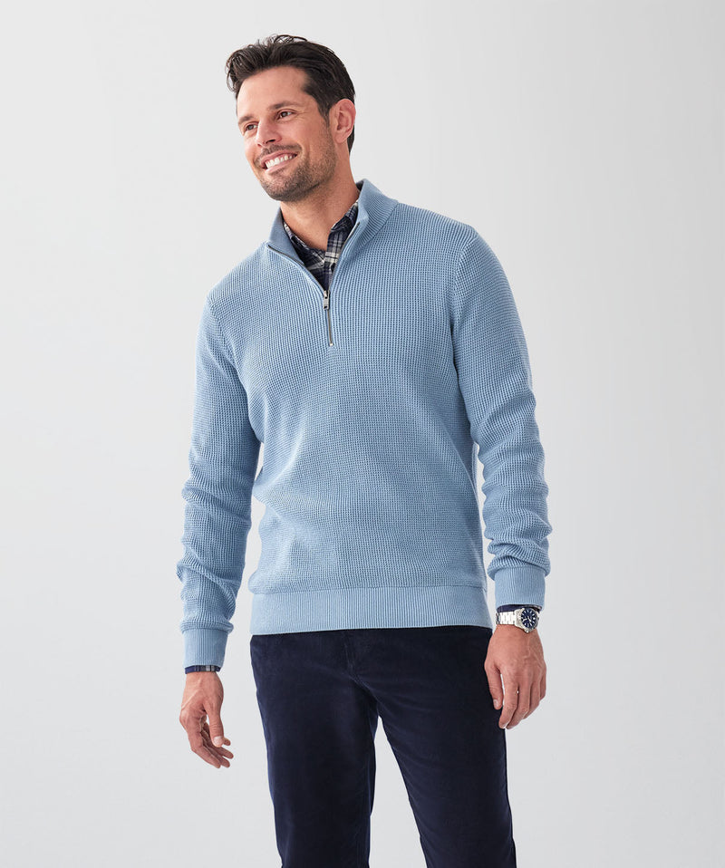 Cotton Waffle Half Zip Knit - Steel-GAZMAN