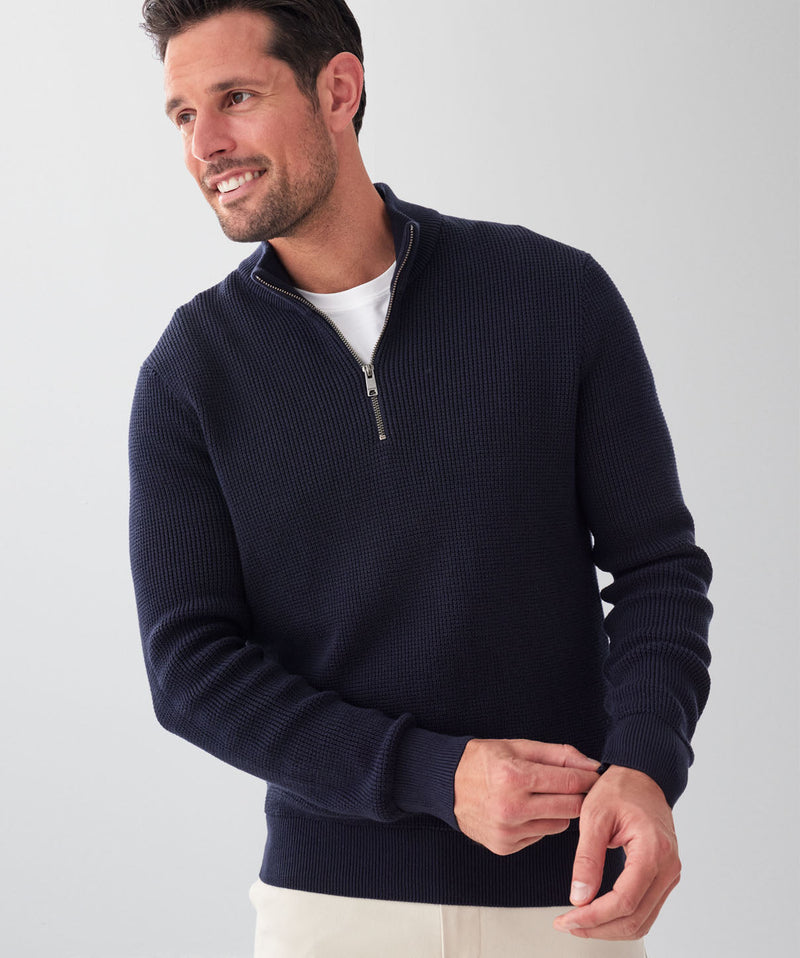 Cotton Waffle Half Zip Knit - Navy-GAZMAN