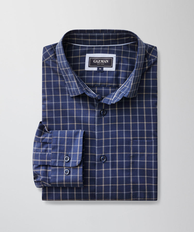 Easy Care Twill Check Long Sleeve Shirt - Navy-GAZMAN