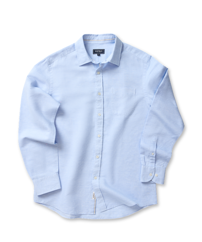 Linen Blend Houndstooth Long Sleeve Shirt - Sky Blue-GAZMAN