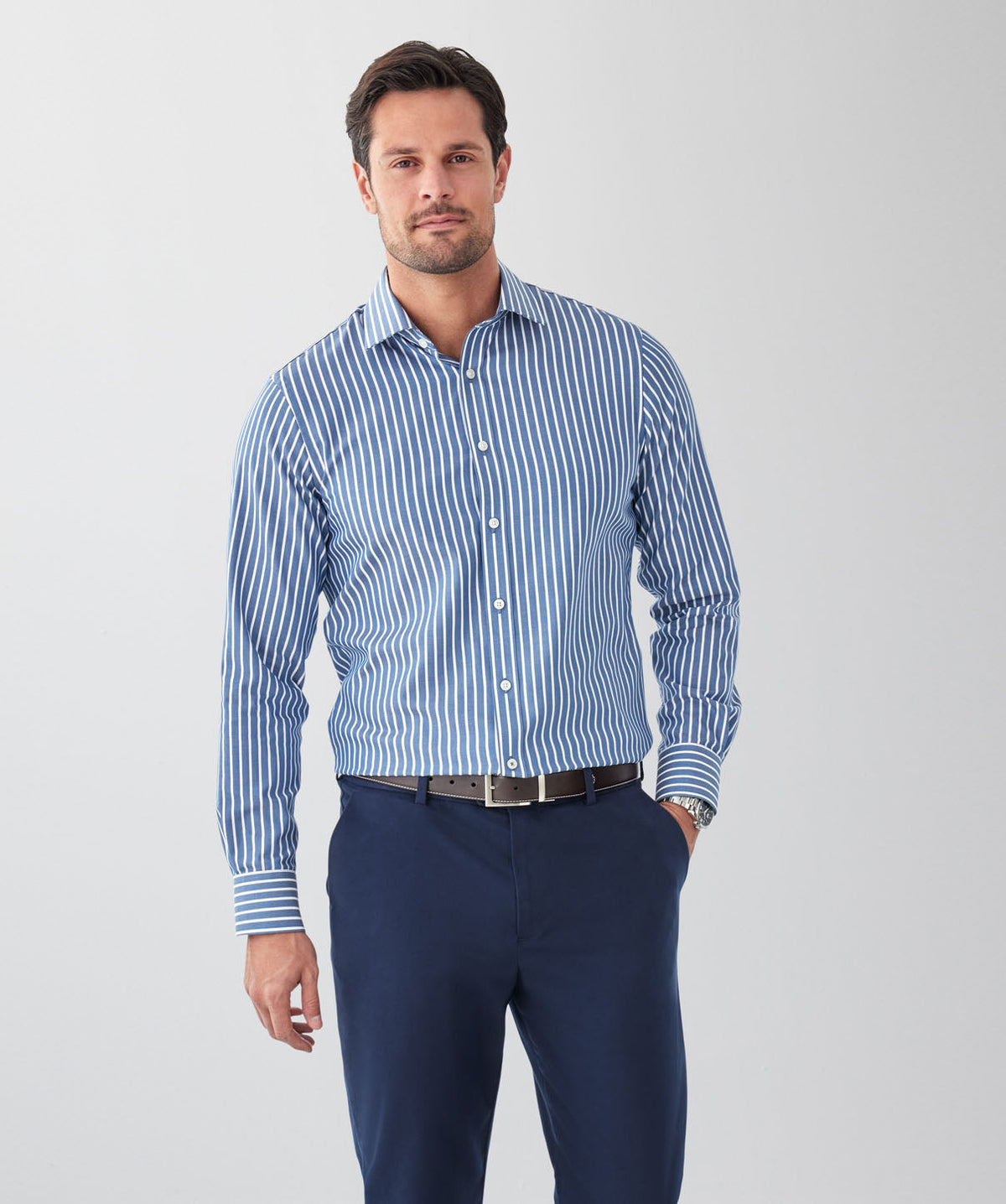 Tailored Fit Easy Care Stripe Long Sleeve Shirt - Denim-GAZMAN