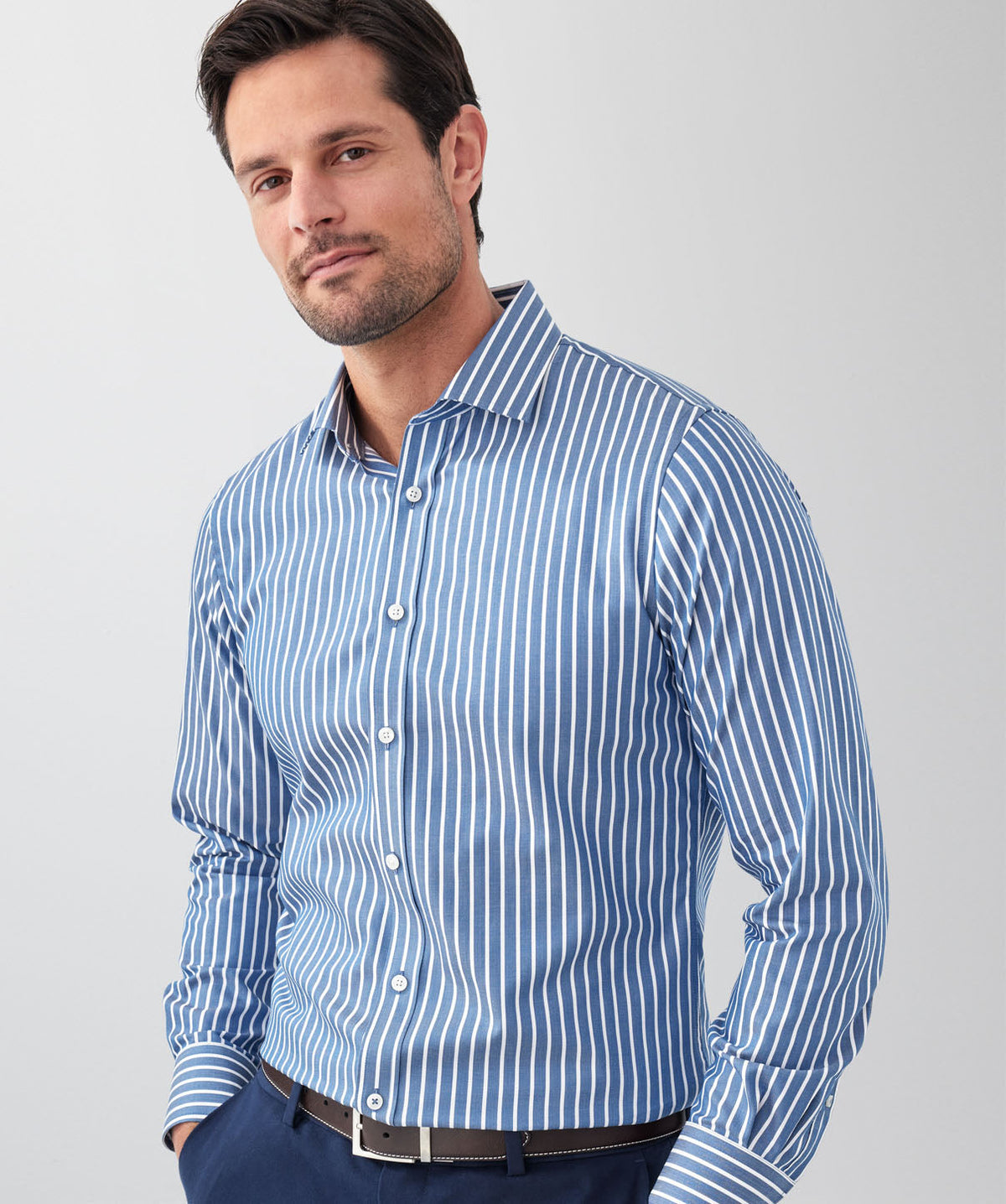 Tailored Fit Easy Care Stripe Long Sleeve Shirt - Denim-GAZMAN