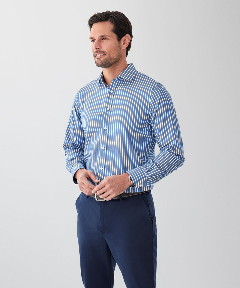Tailored Fit Easy Care Stripe Long Sleeve Shirt - Denim-GAZMAN